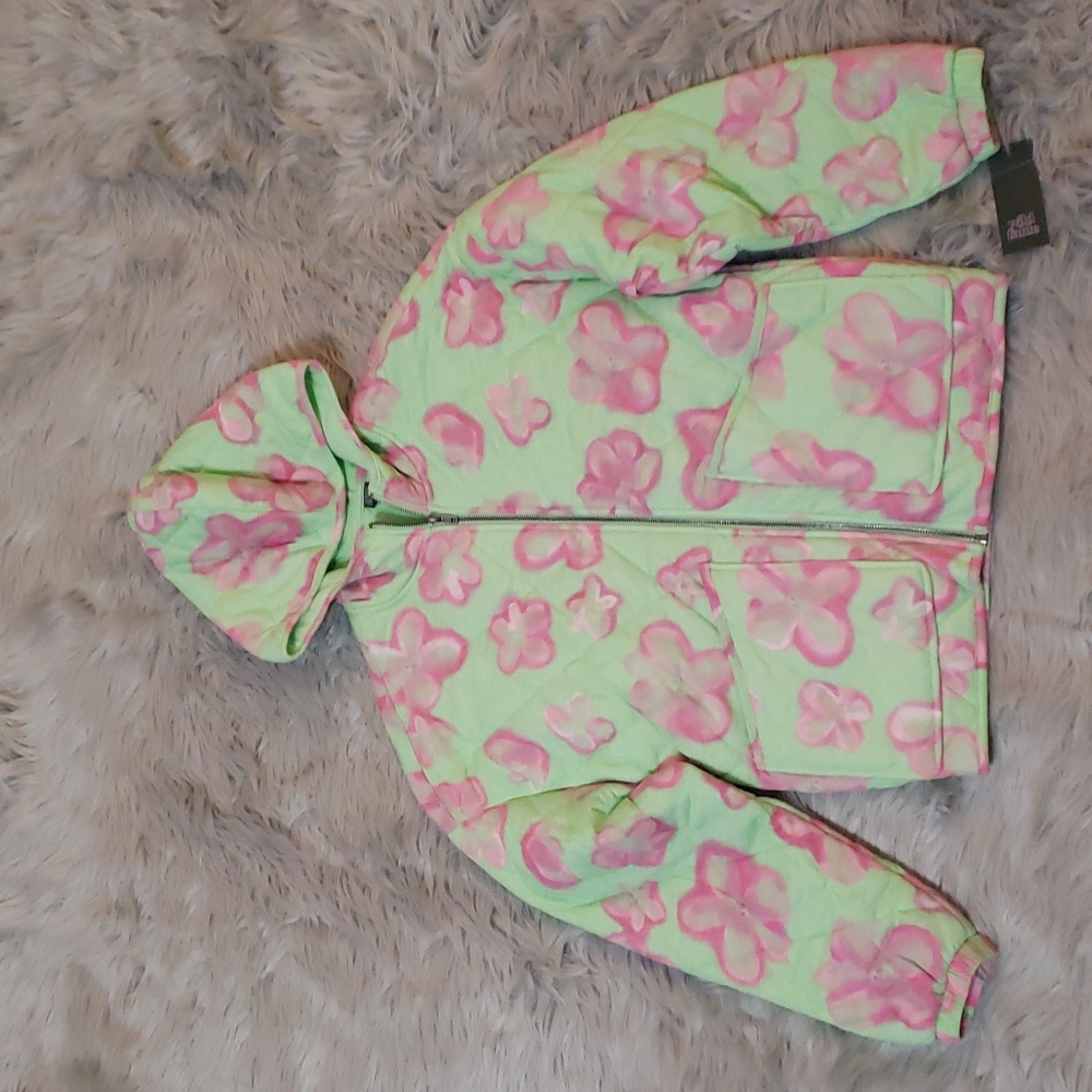 Wild Fable Distressed Floral Zip Up Hooded Quilt Sweater Jacket